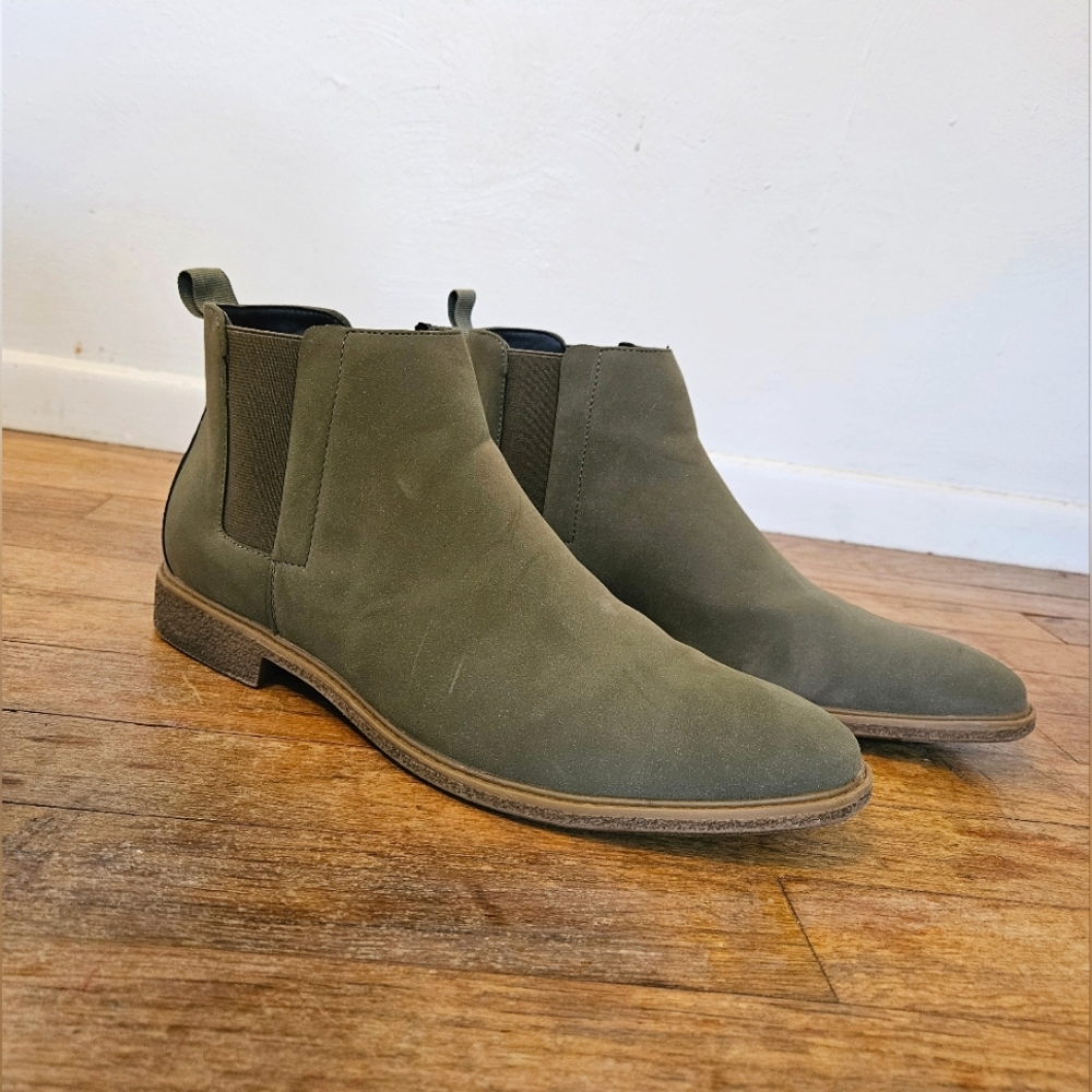 Sage green; Chelsea boots; size 11 mens; faux suede; barely used